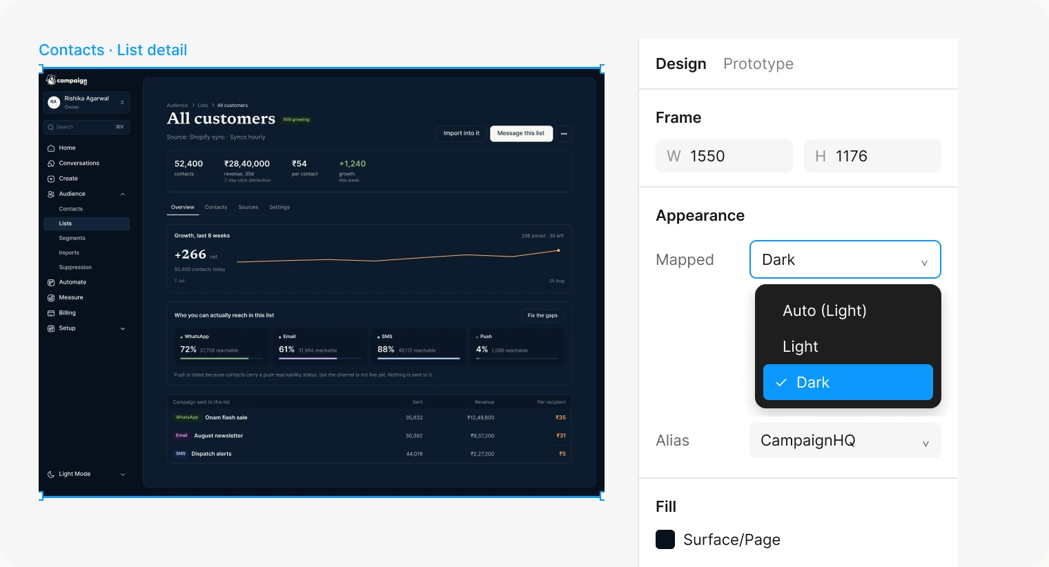 A selected screen in Figma with the Appearance panel's theme dropdown open and Dark ticked