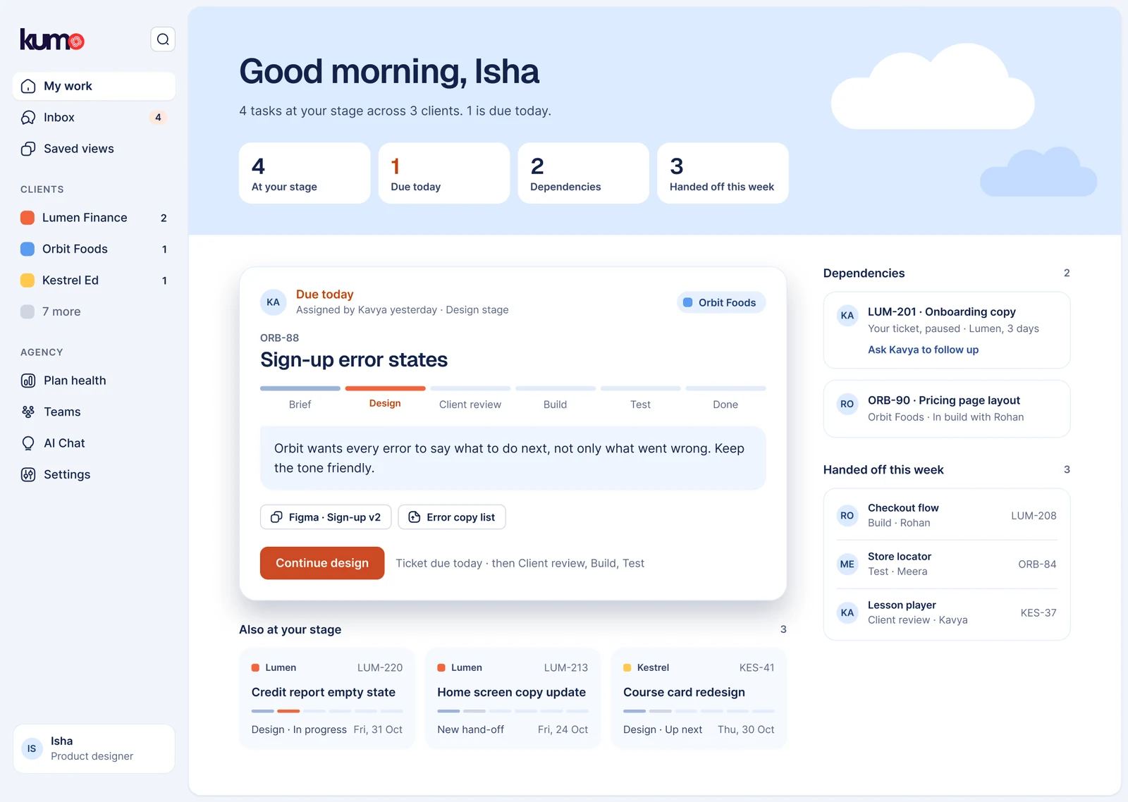 Kumo's My work screen in Light, built from the design system's components