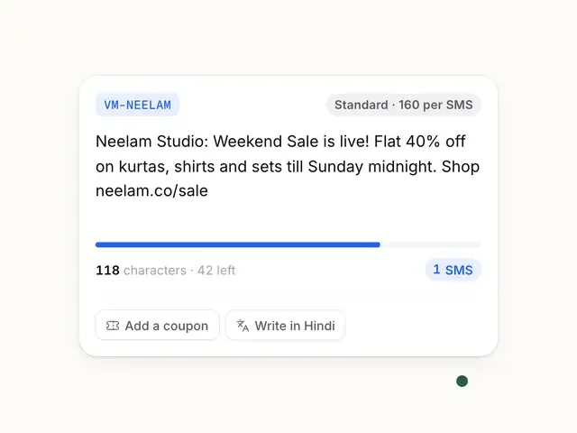 An SMS draft gaining a coupon code, switching to Hindi and back, the segment meter re-splitting as it changes
