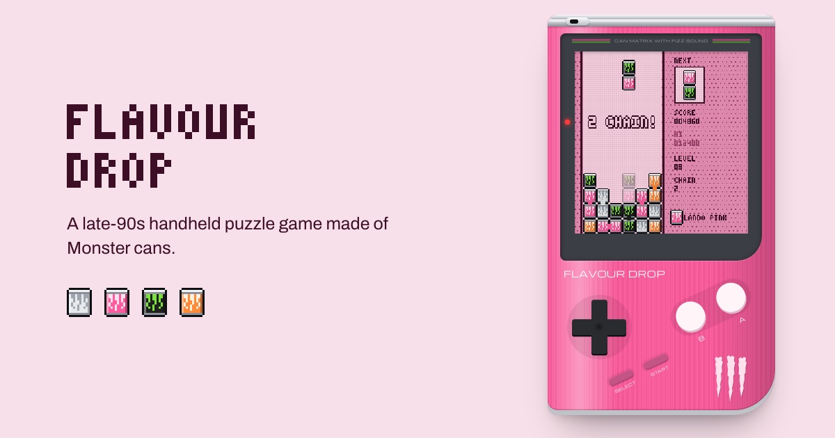 Flavour Drop, a pink handheld console running a falling-can puzzle game