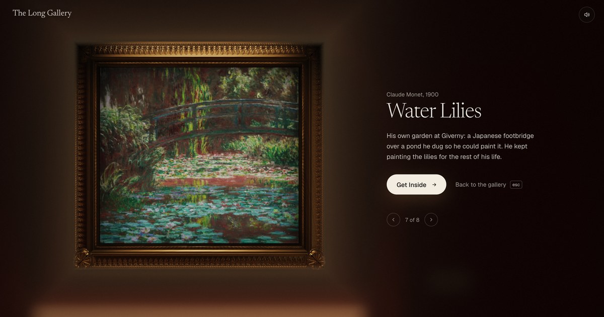 The Long Gallery, Monet's Water Lilies in a gilt frame beside its wall text