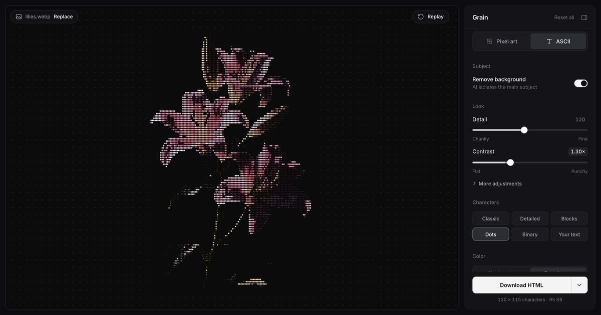 Grain turning a photo of pink lilies into coloured ASCII dots, with its settings panel