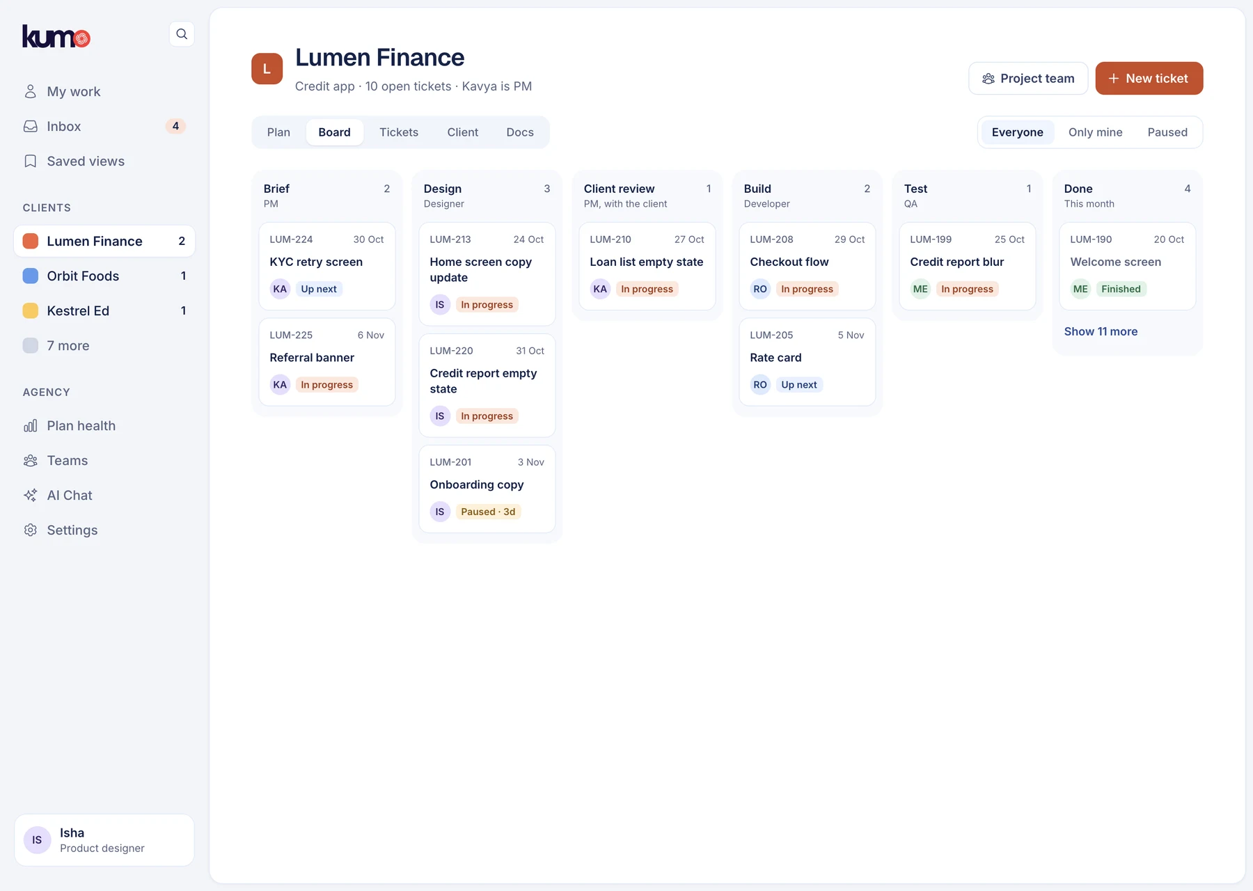 A client board with six stage columns