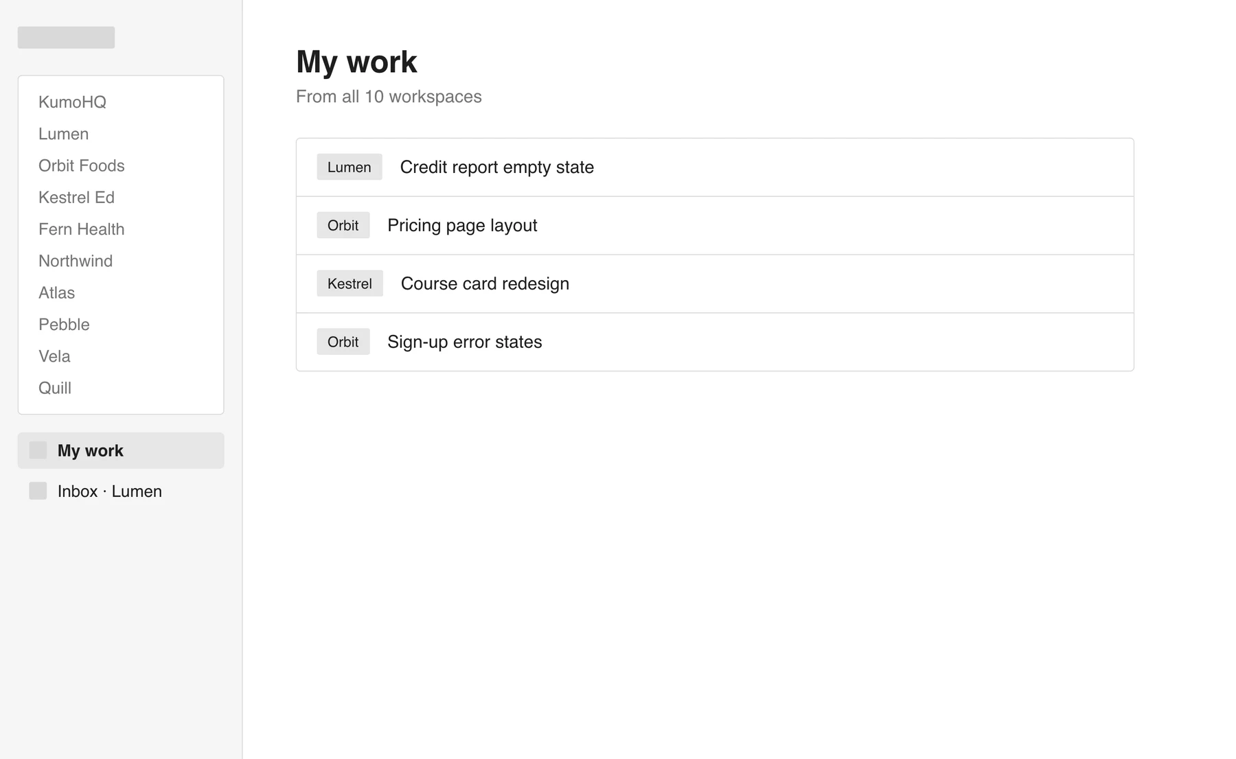 AI-drafted low-fi sketch: A My work page on top of the ten workspaces