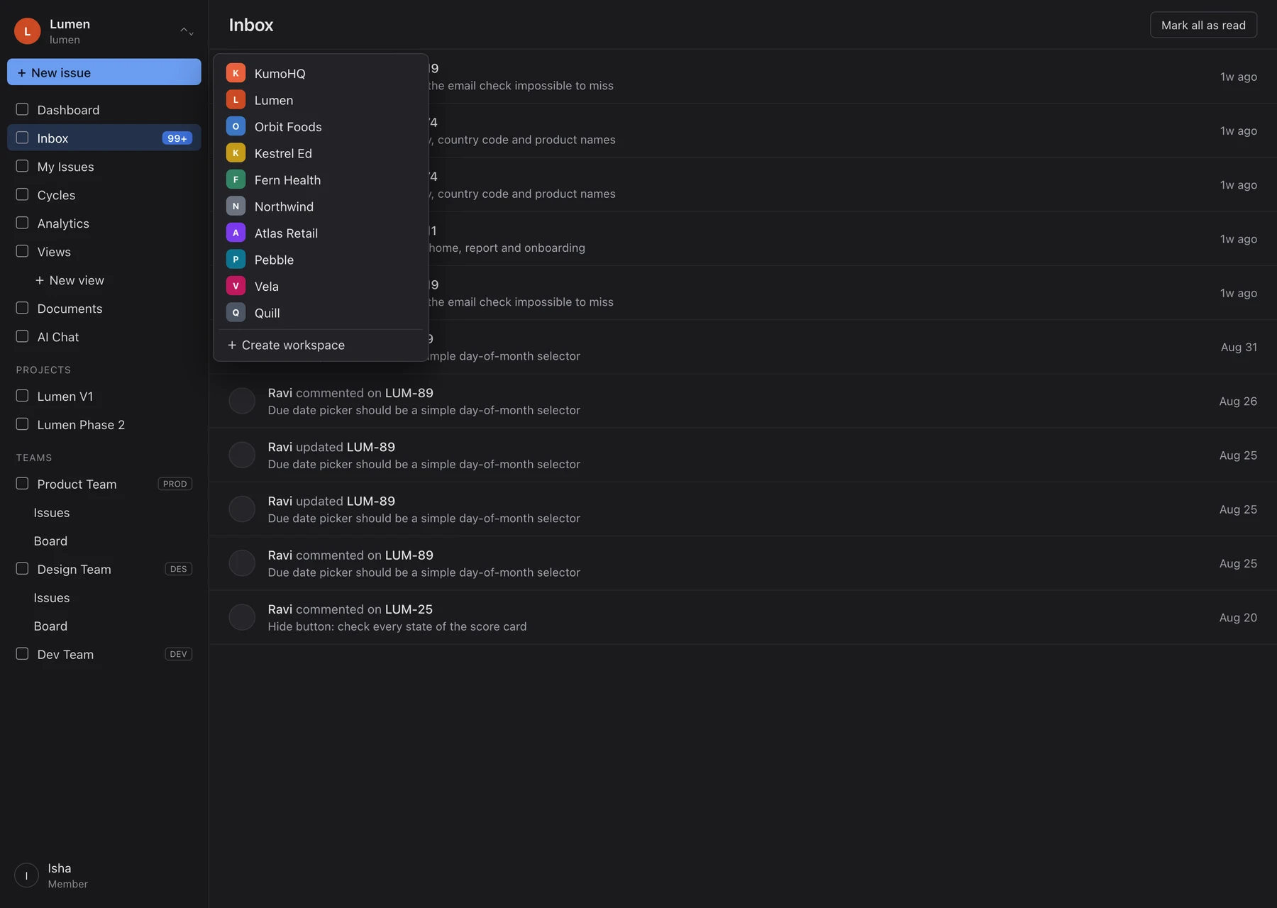 Before: a workspace switcher listing ten workspaces, over an inbox showing 99+ unread