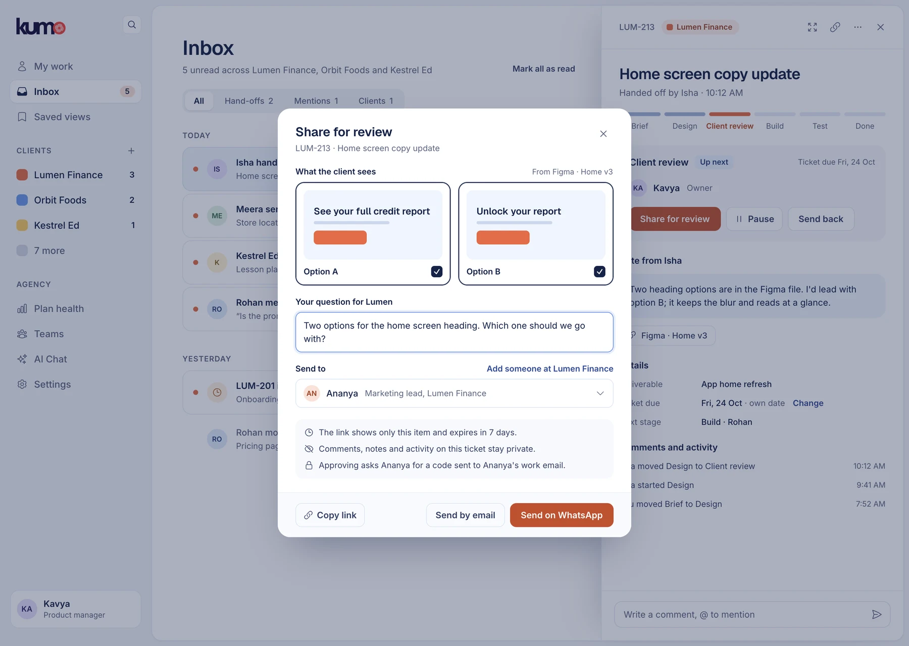 Share for review sheet with two design options and a question for the client