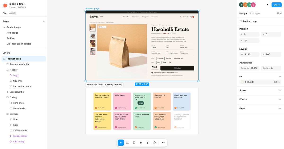 Make It Pop, a design file with a coffee product page and a board of client feedback sticky notes