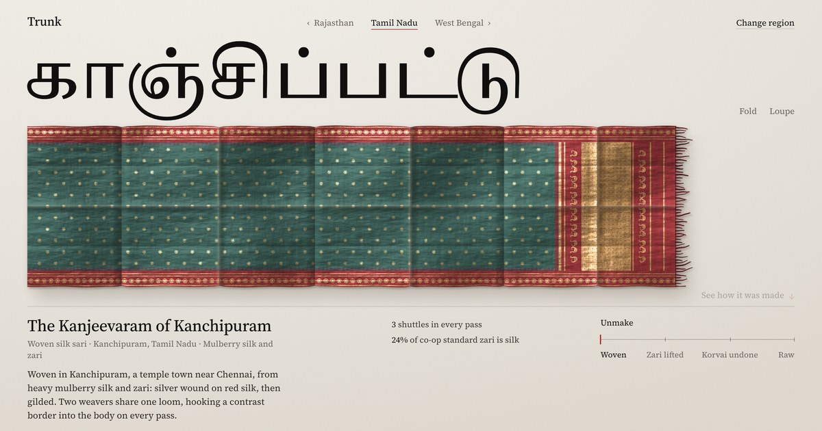 Trunk, a teal Kanjeevaram sari with a red and gold border unfolded under giant Tamil script